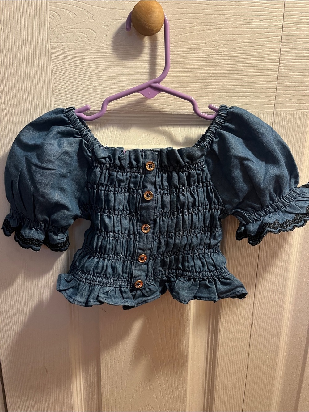 Girls' Smocked with embroidered Puff-Sleeve Denim Top Jean Blue 2T